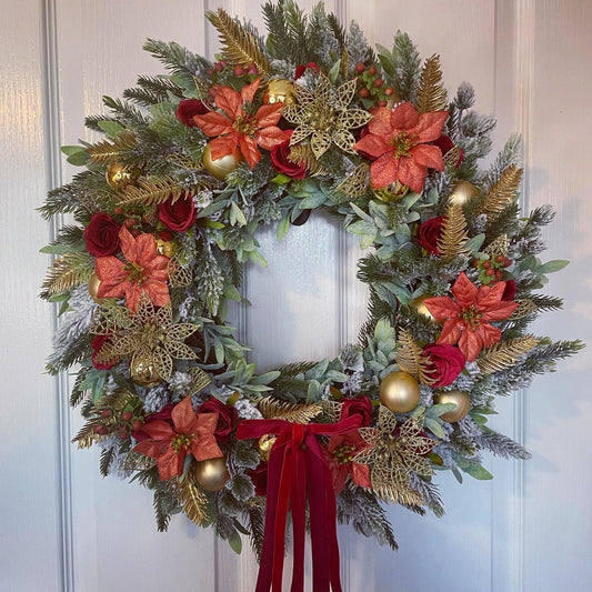 Christmas Floral Wreath – Roses And Poinsettia