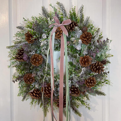 Christmas Floral Wreath – Pine Cones And Ribbon