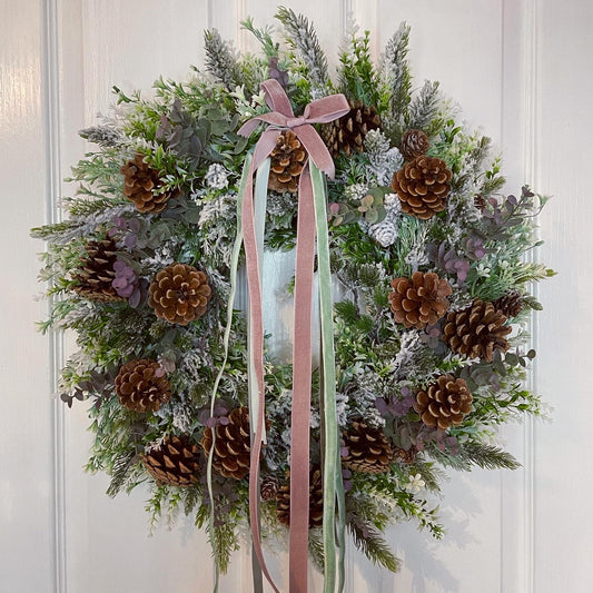 Christmas Floral Wreath – Pine Cones And Ribbon